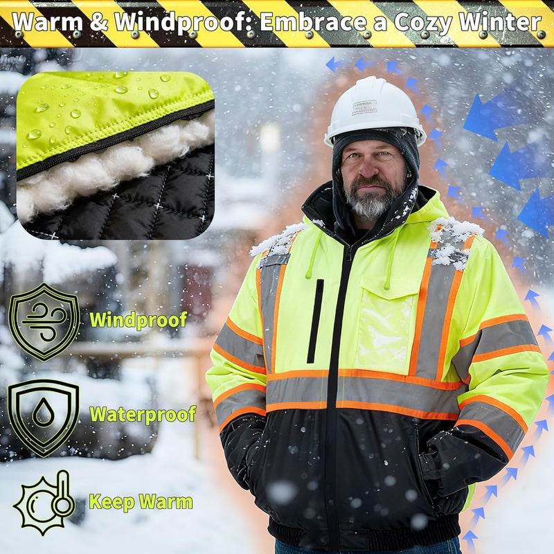 Wuple Store High Visibility Jacket, Class 3 Waterproof Safety Jacket for Men, Hi Vis Winter Jackets With Cold Weather, Safety Coats for Work Construction Yellow S - Image 3